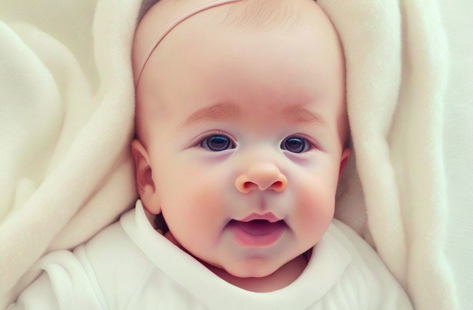 Blue-eyed baby wrapped in white blanket smiling at camera