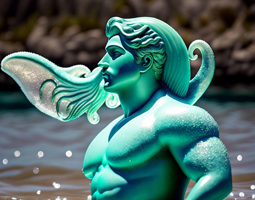 Colorful depiction of a teal merman with flowing hair and fin in sunlight