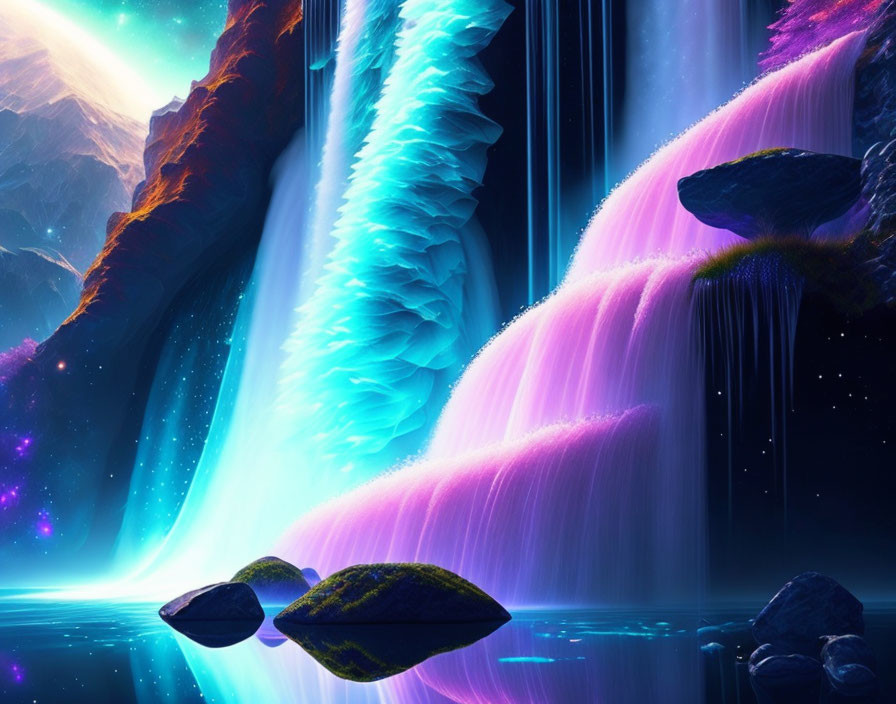 Fantasy neon-lit waterfall with purple and blue hues on rocky terrain