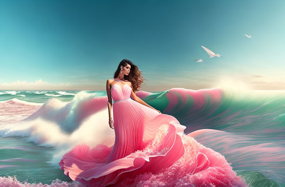 Woman in pink dress by surreal sea with matching waves and flying birds