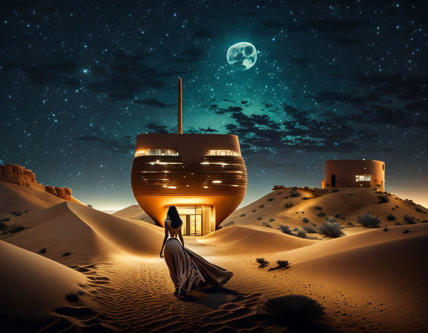 Person in flowing dress at futuristic desert abode under starry sky