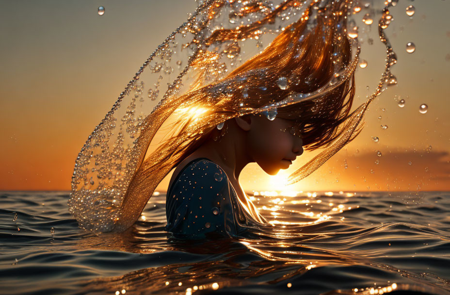 Long-haired person flicking water droplets at sunset by the ocean