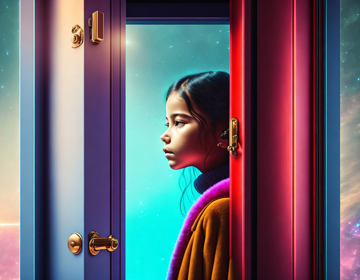 Young girl gazes at starry night sky through open doorway.