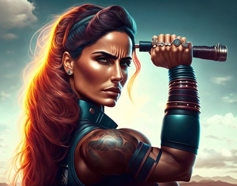 Fierce woman with red-orange hair and tattoos holding a hammer.