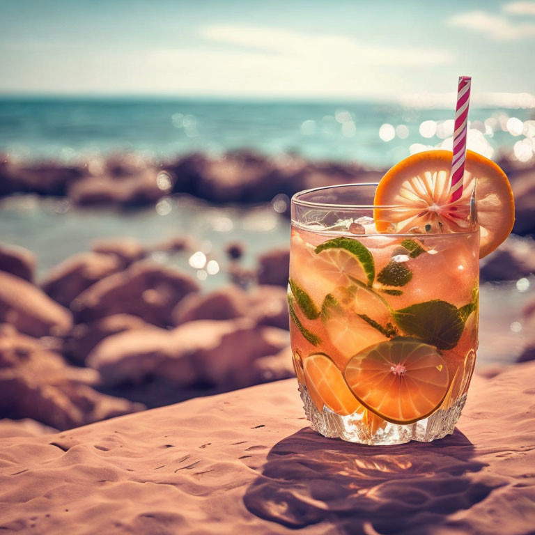 Citrus cocktail with straw on rocky beach by sunlit ocean