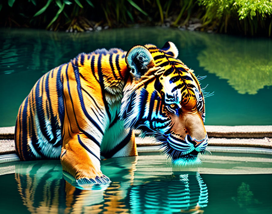 Majestic tiger with orange and black stripes in clear water and lush greenery