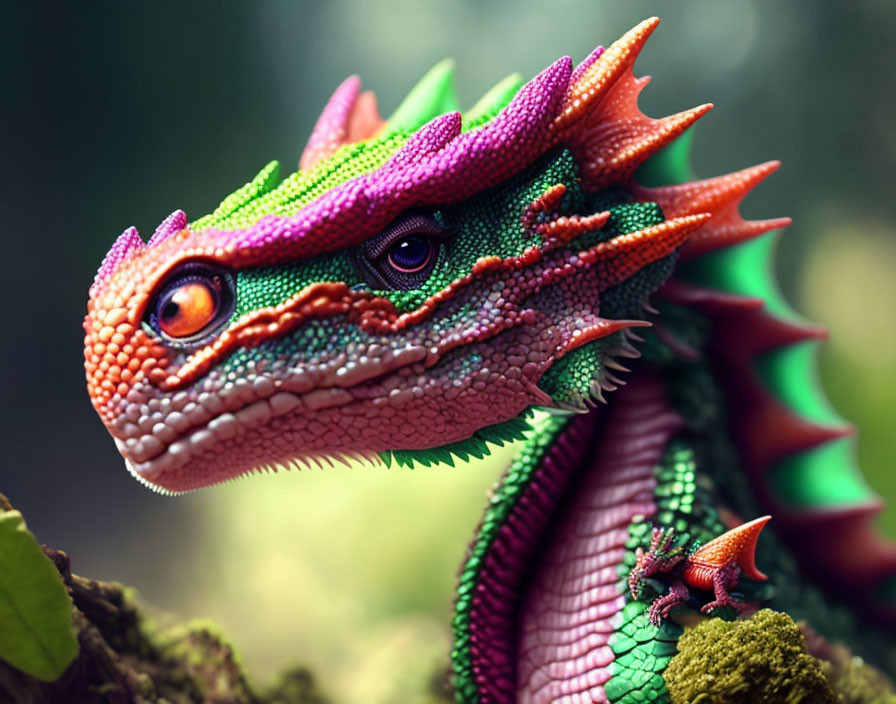 Colorful Fantasy Dragon with Purple and Green Scales on Branch