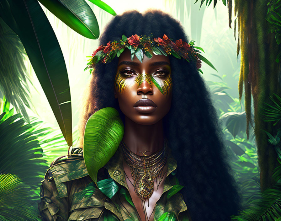 Woman with Floral Headwear and Gold Makeup in Jungle Setting