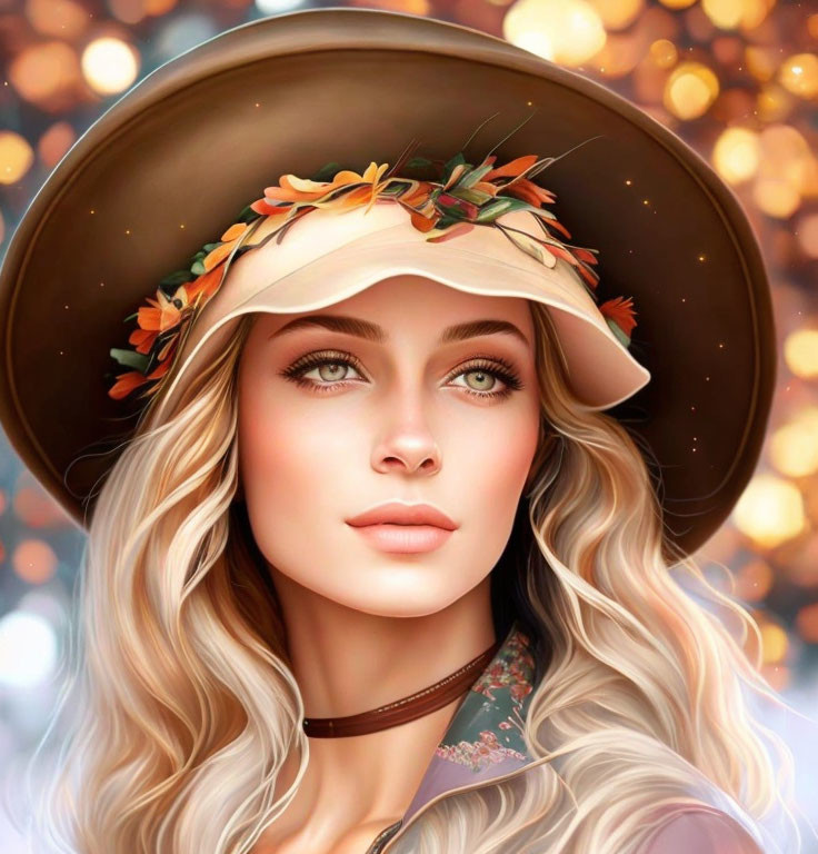 Blonde Woman Portrait with Autumn Hat and Green Eyes