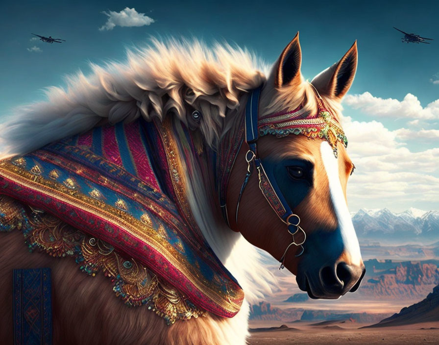 Decorated horse with detailed tack in desert & mountain scene with helicopters.