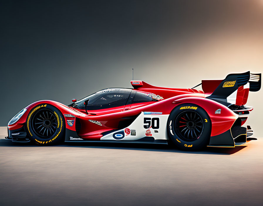 Red Racing Car with Black Accents and Sponsor Logos in Studio Setting