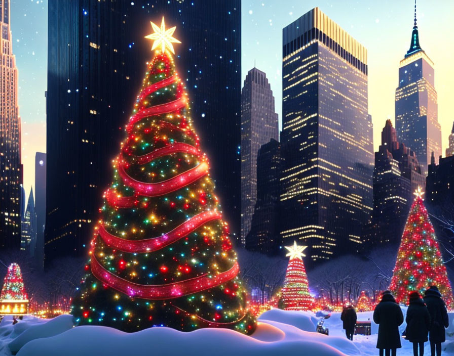 Colorful Christmas tree in snow-covered cityscape at dusk