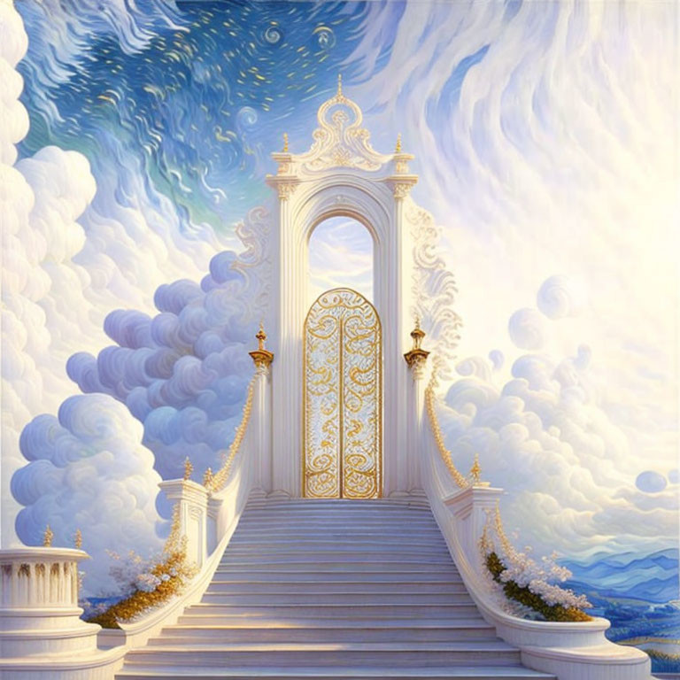 Golden gate on staircase in clouds with blue sky - heavenly scene