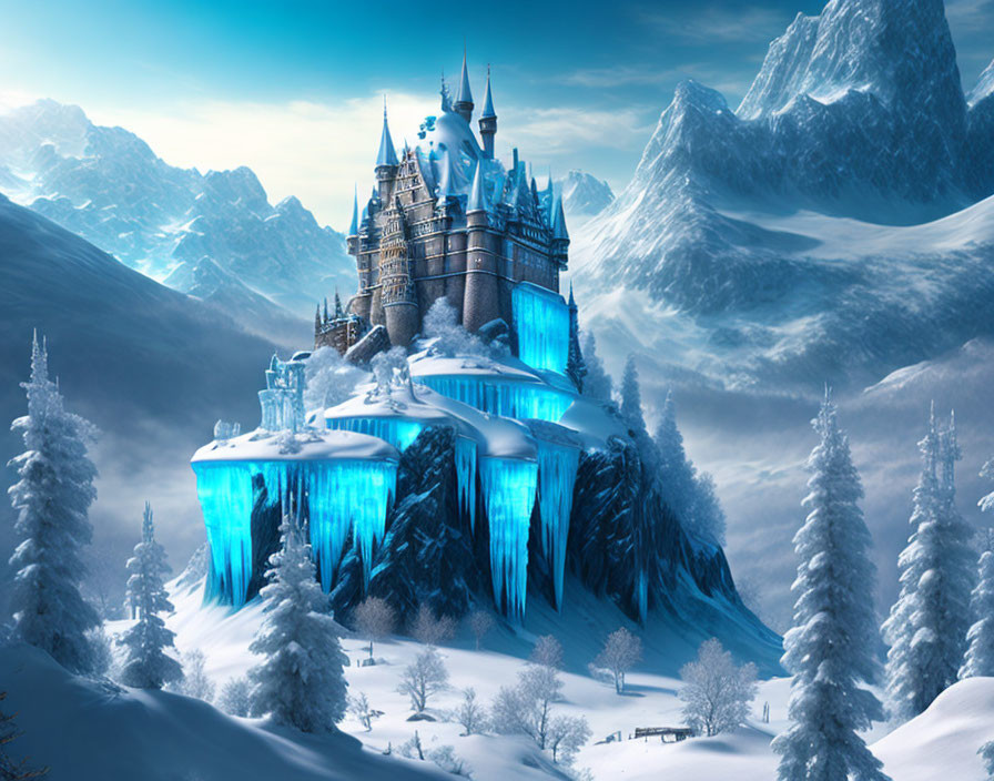 Majestic castle on icy cliff in snowy forest landscape