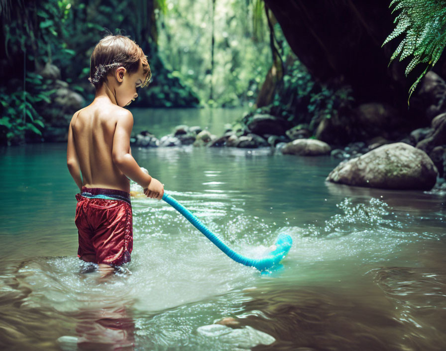 Child with snorkel in shallow river surrounded by rocks and greenery