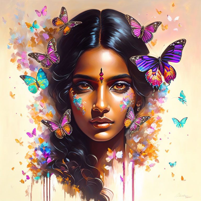 Woman portrait with butterflies in warm tones and vibrant bindi