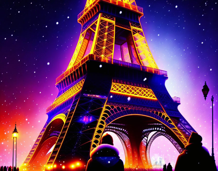 Vibrant Eiffel Tower Night Scene with Starry Sky and Silhouettes