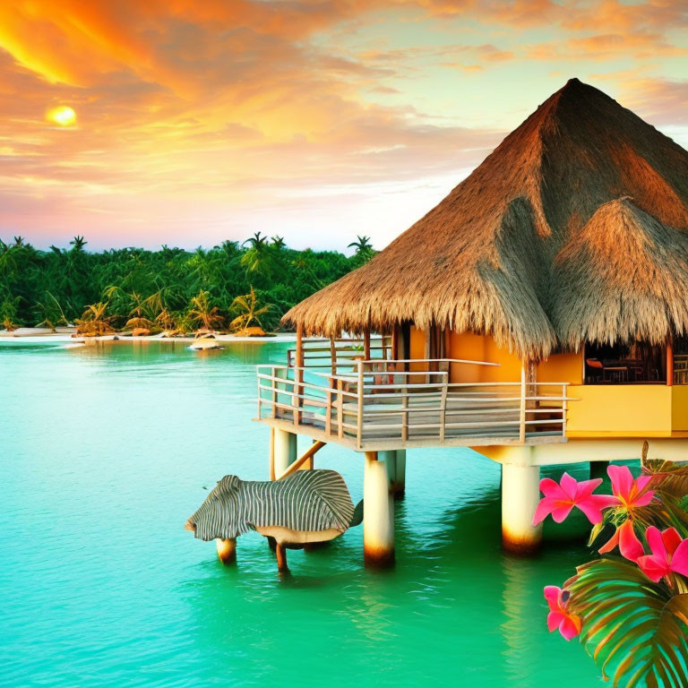 Sunset overwater bungalow with balcony, turquoise sea, flowers, and palm trees