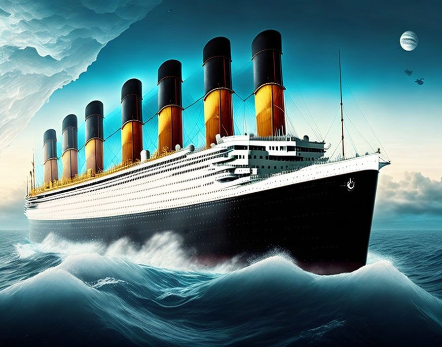 Vintage ocean liner with yellow funnels sailing on dramatic sea waves under cloudy sky