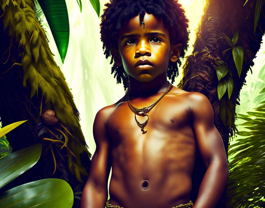 Young shirtless child with curly hair in jungle setting, wearing necklace.