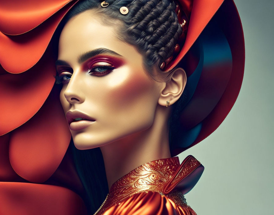 Striking makeup, braided hair, and red hat on woman