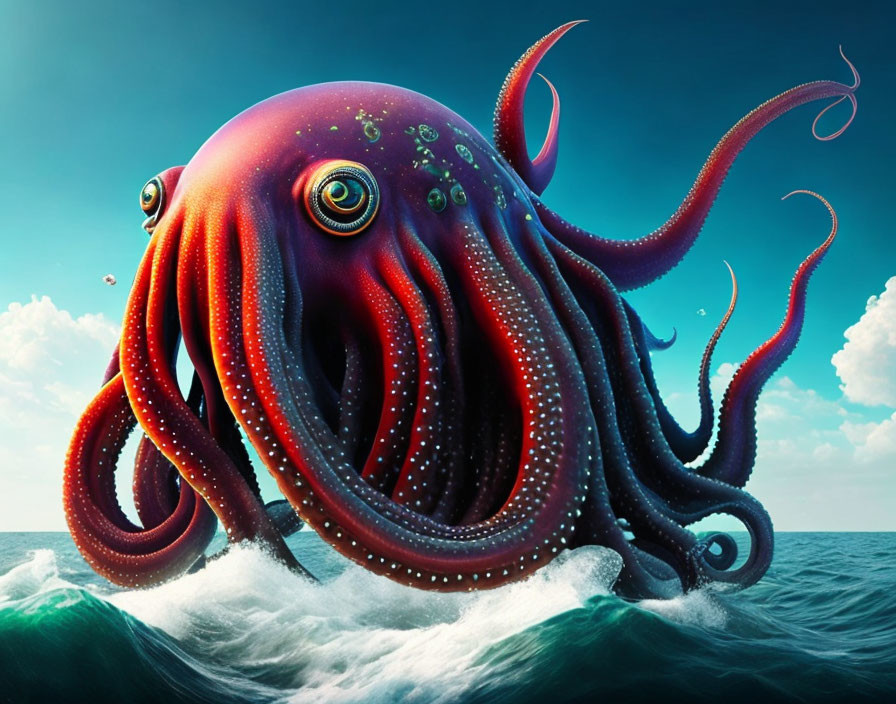 Colorful digital artwork: Large octopus with detailed eyes and tentacles in ocean waves under bright sky