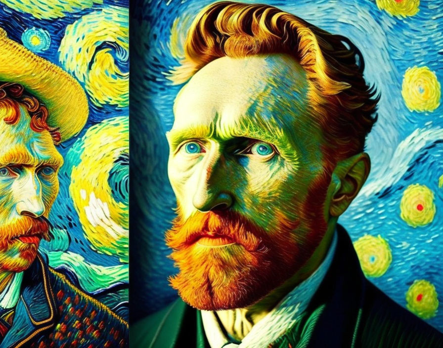 Vibrant Van Gogh-inspired triptych with intense bearded man and swirling stars