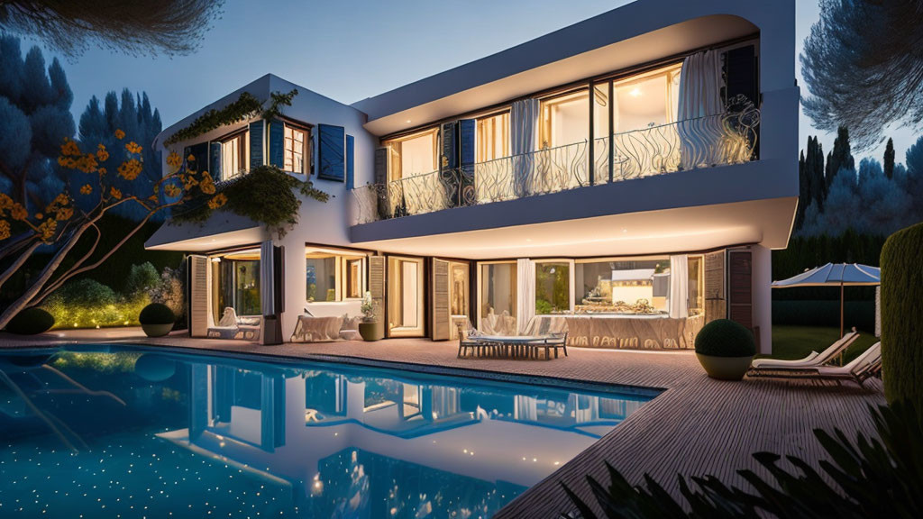 Modern Two-Story House with Large Windows, Balcony, and Pool at Twilight