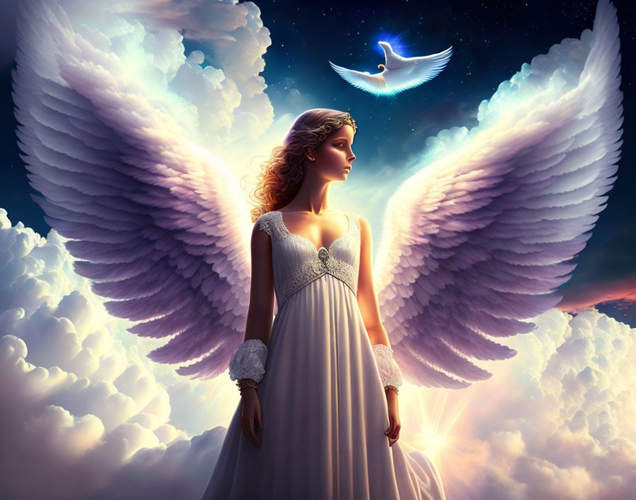 Woman with large angelic wings in serene heavenly scene