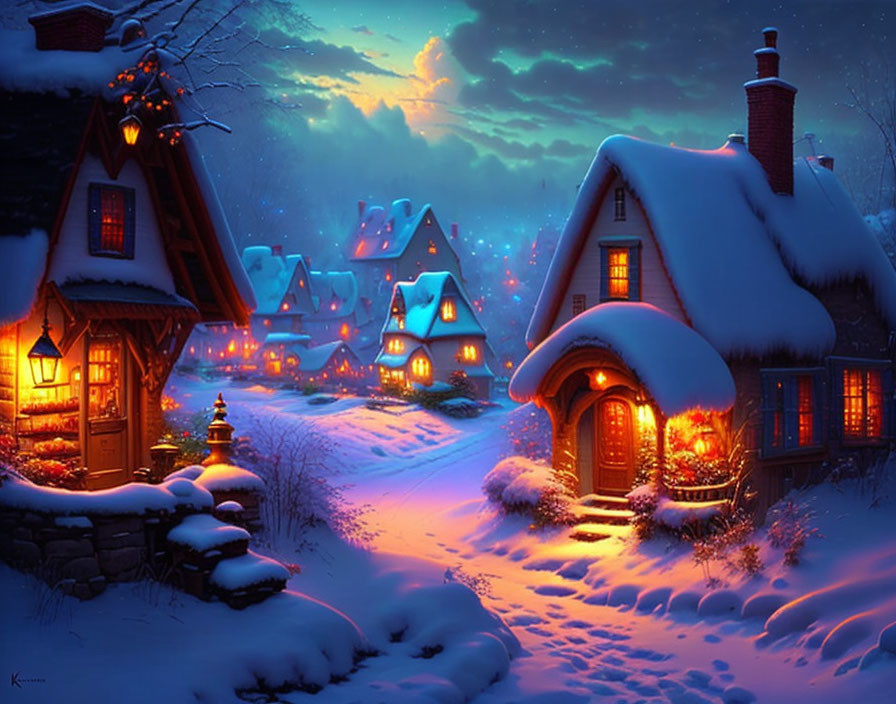 Snow-covered cottages in a serene winter village at night