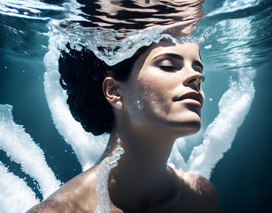 Woman Submerged in Water with Light Reflection and Bubbles