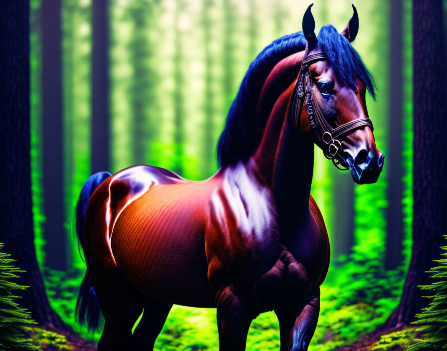 Majestic bay horse in vibrant green forest with sun rays