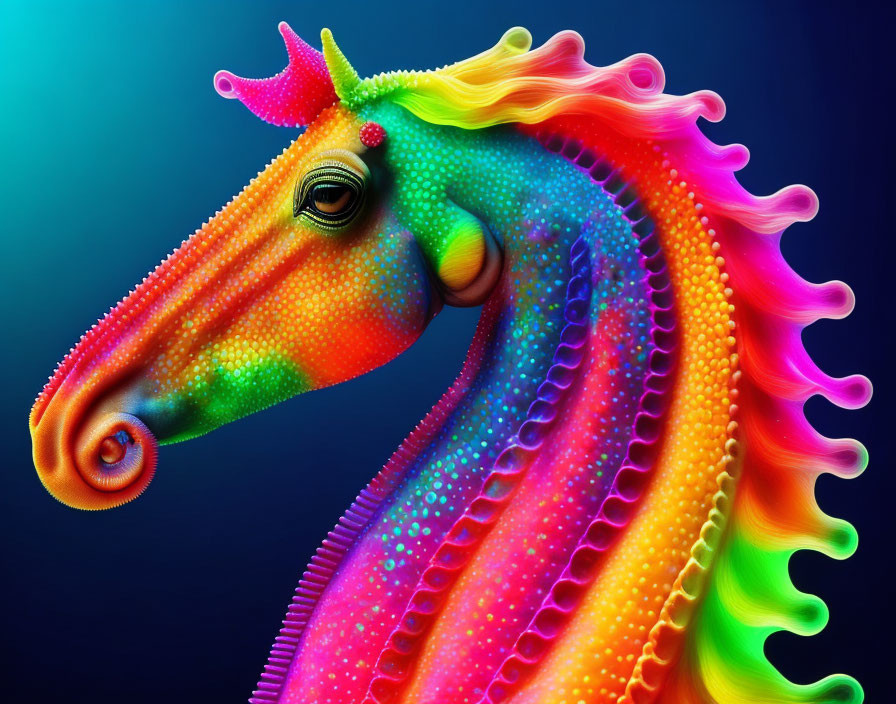 Vibrant seahorse digital artwork with psychedelic colors on dark blue background