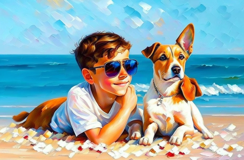 Boy with sunglasses and dog on sunny beach gaze into distance