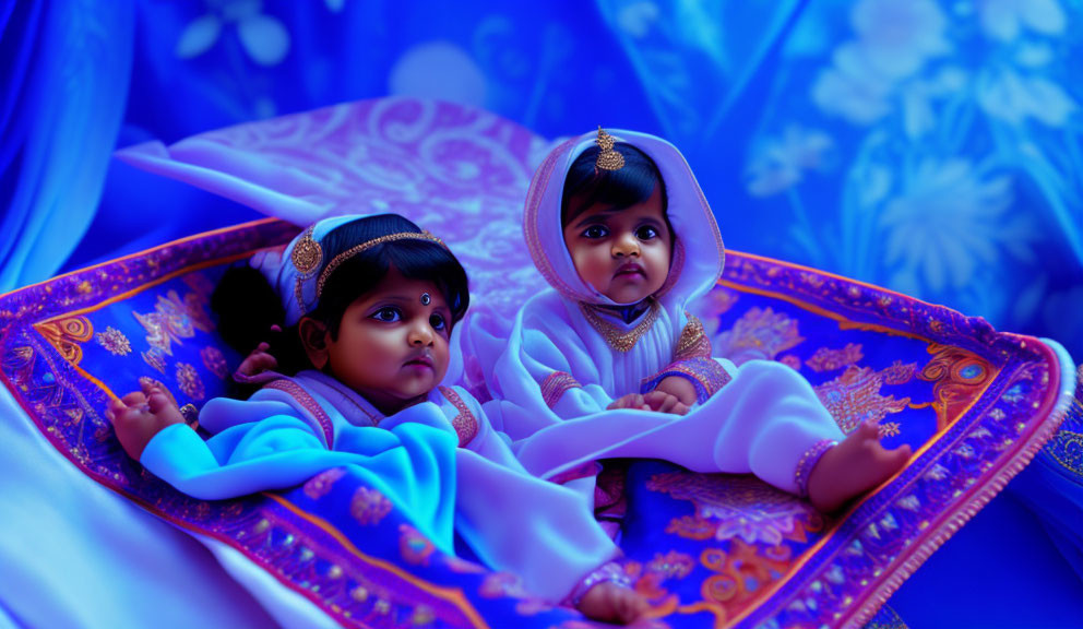 Traditional Indian attire: Two babies on vibrant blue fabric