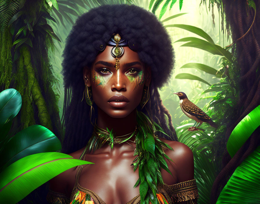 Digital artwork of woman with dark skin and striking gaze in jungle setting