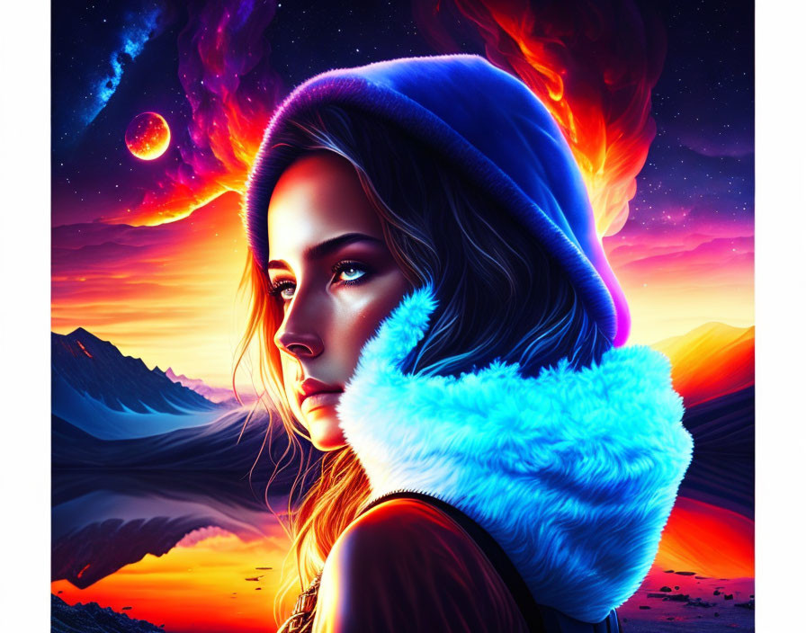 Woman in Blue Fur Hood Against Cosmic Sunset Landscape