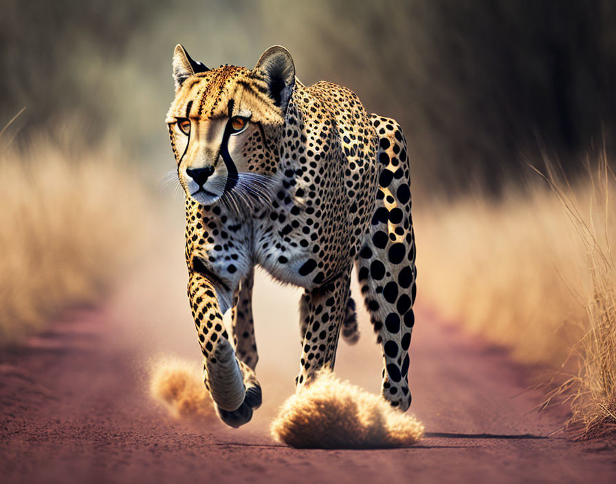 Cheetah running on dirt path through tall grass