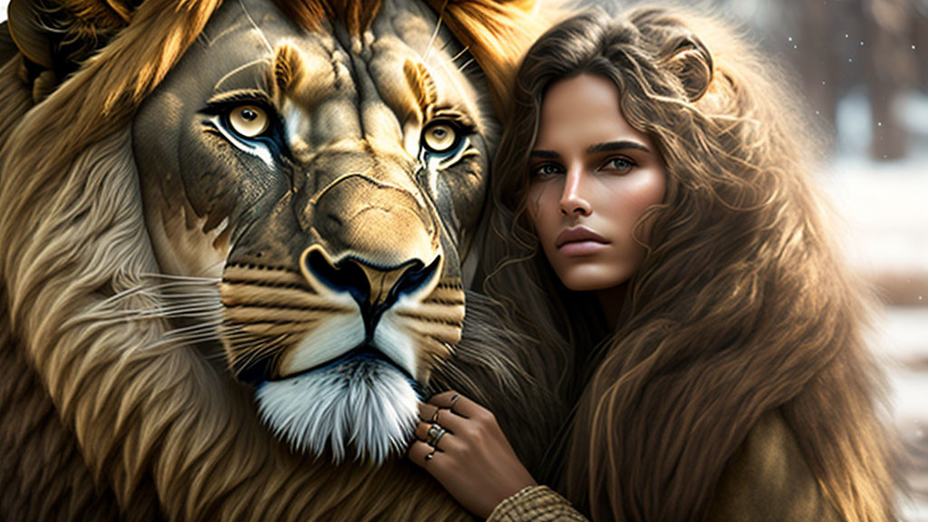 Photorealistic art: lion and woman merge in harmonious blend