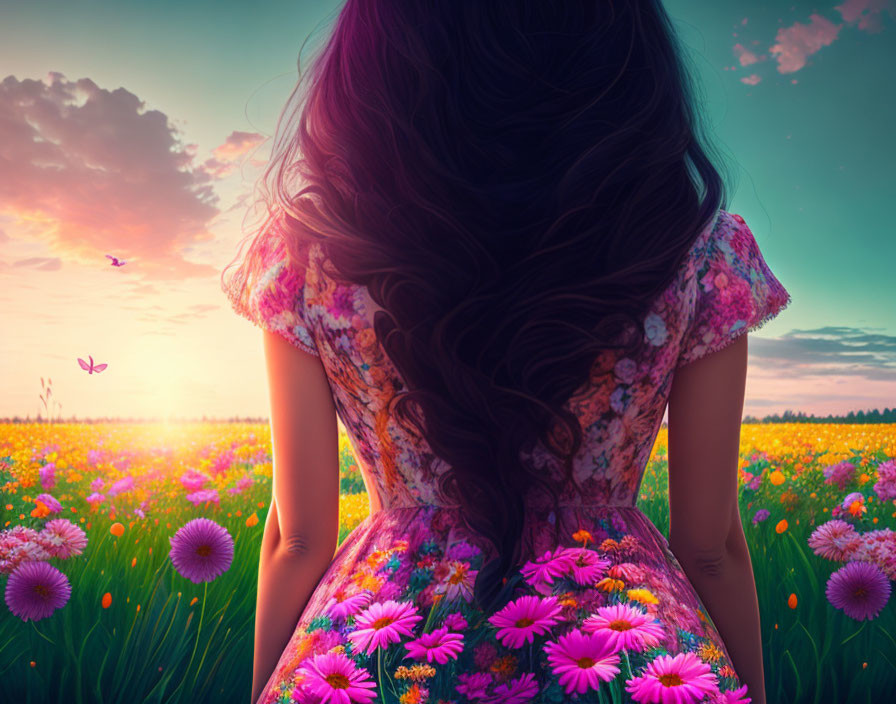 Woman with long hair in vibrant flower field at sunset with butterflies