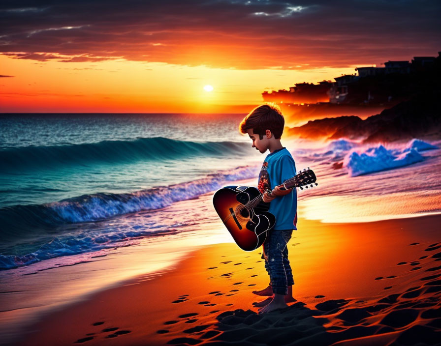 Young musician playing guitar on beach at sunset with vibrant sky & rolling waves