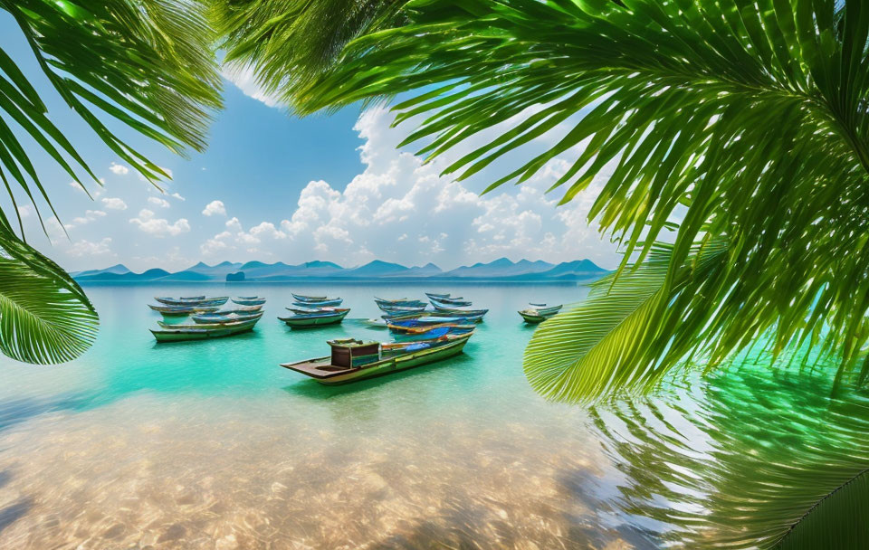 Sunny tropical beach scene with blue water, boats, palm leaves