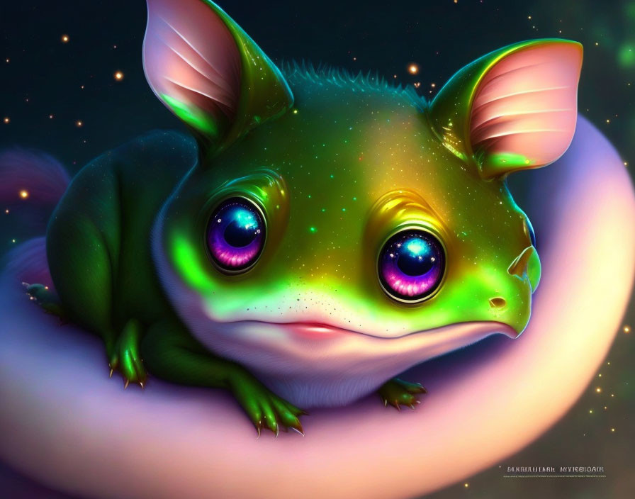 Colorful illustration: chubby green frog with purple eyes on night backdrop