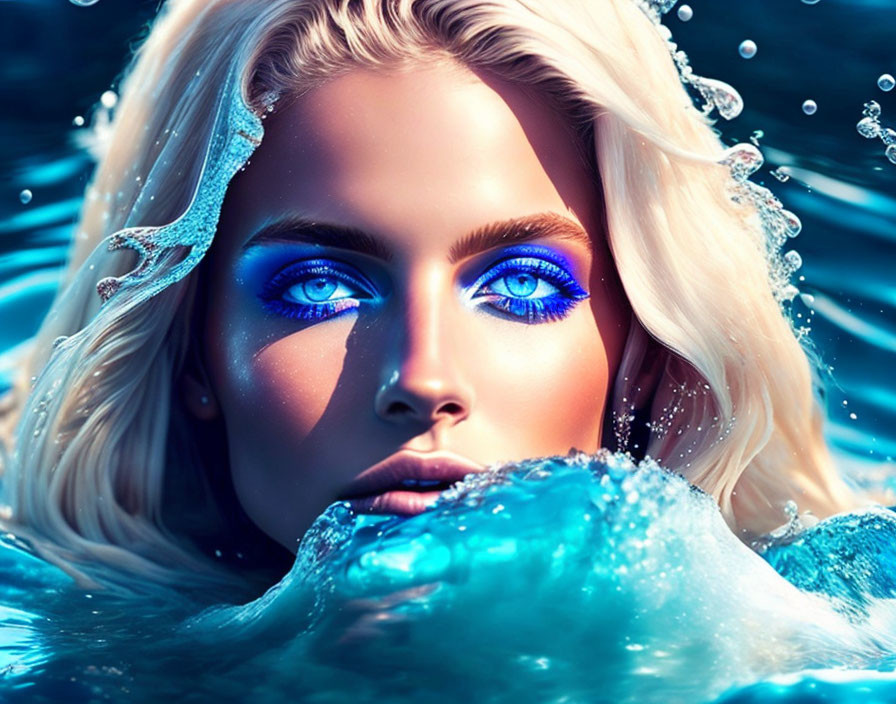 Woman with vibrant blue eyes emerges from crystal blue water