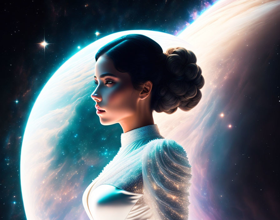 Woman with Updo Hairstyle Gazing at Cosmic Stars and Planet