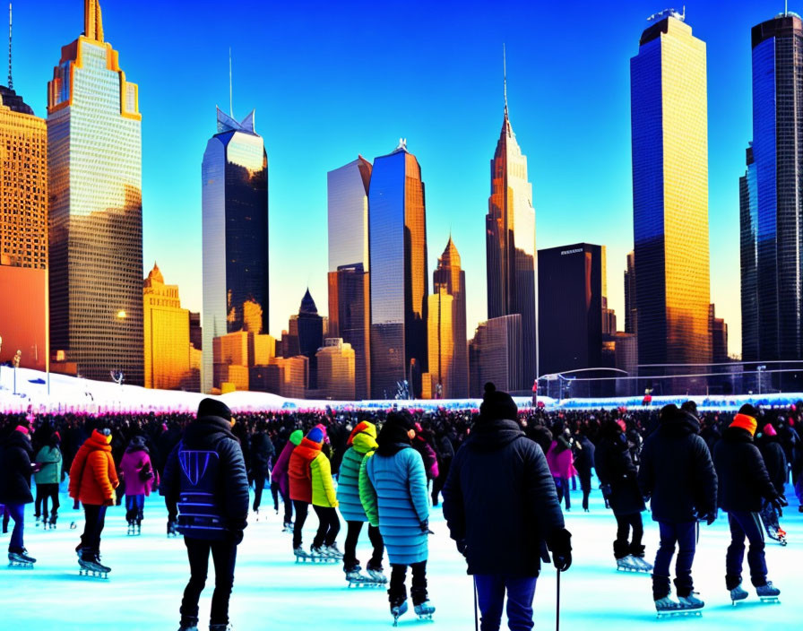 City ice skating under skyscrapers on a clear dusk sky