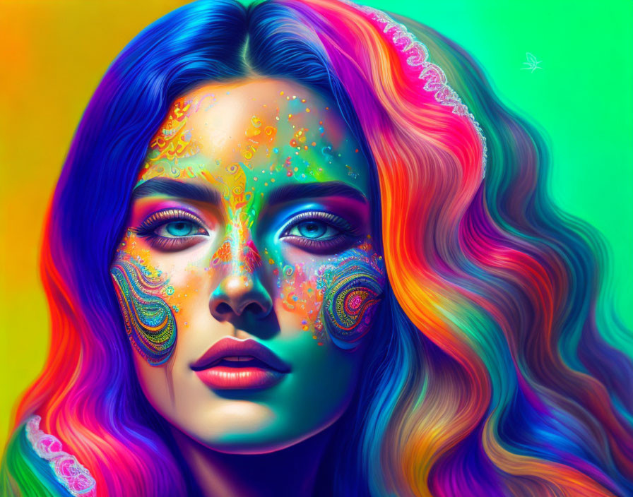 Colorful woman portrait with rainbow hair and face paint on vibrant background