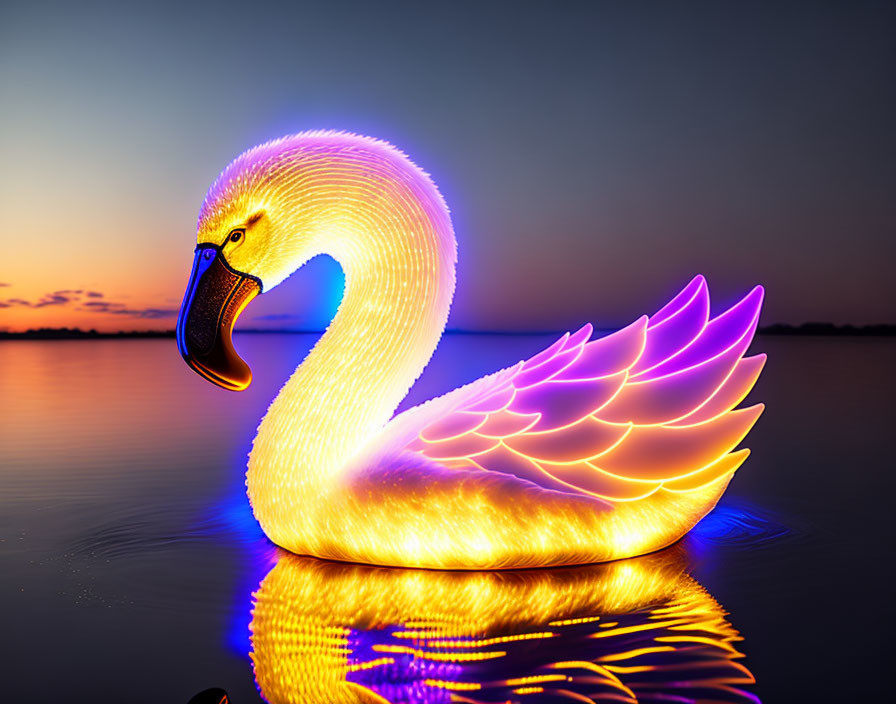 Twilight scene: Swan-shaped figure with vibrant lights reflecting on water