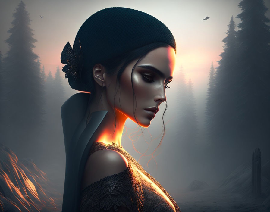 Digital artwork: Woman in beanie, side profile, forest & misty sunset.