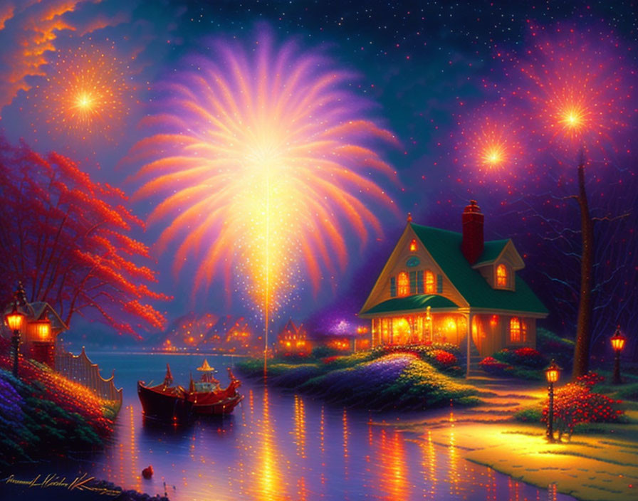 Colorful Fireworks Over River Cottage Scene